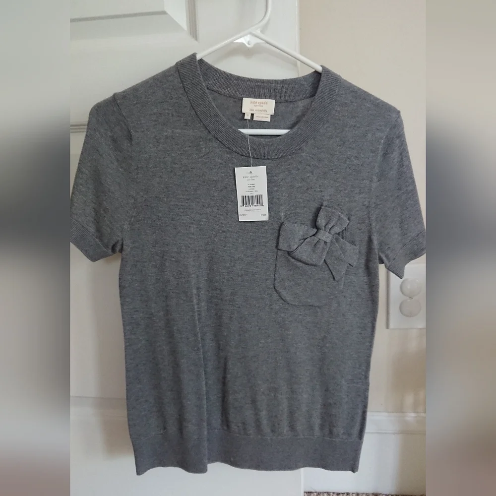 Kate Spade gray Bow detailed pocket silk and cotton Knit top size S